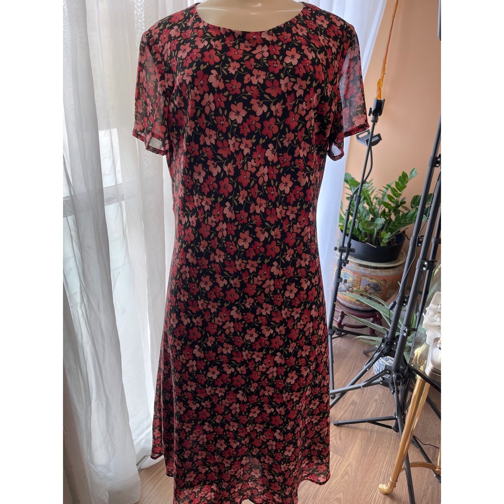 Expressions Floral Sheer Overlay Midi Dress Red Pink Black Short Sleeve Size 14